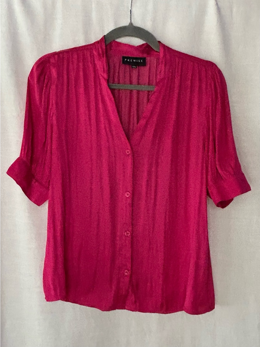 Premise Women's Bright Fuchsia Pintucked Short‎ Sleeve Button-Up Blouse